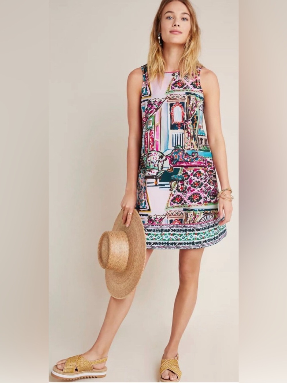 By Anthropologie Printed Sleeveless Shift Dress in Pink and Teal
